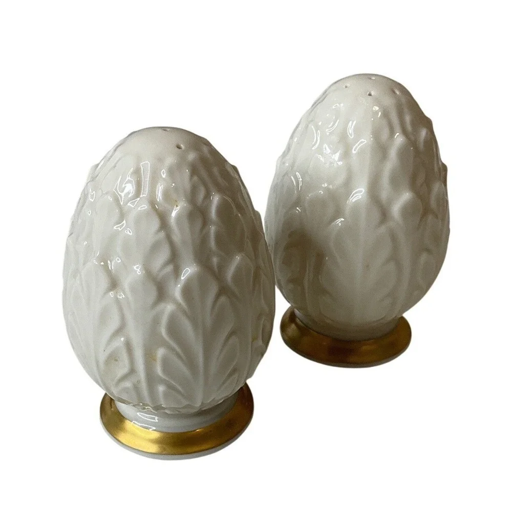 Vtg Lenox Woodleaf Salt & Pepper Shakers Footed 24K Gold Fine China Porcelain